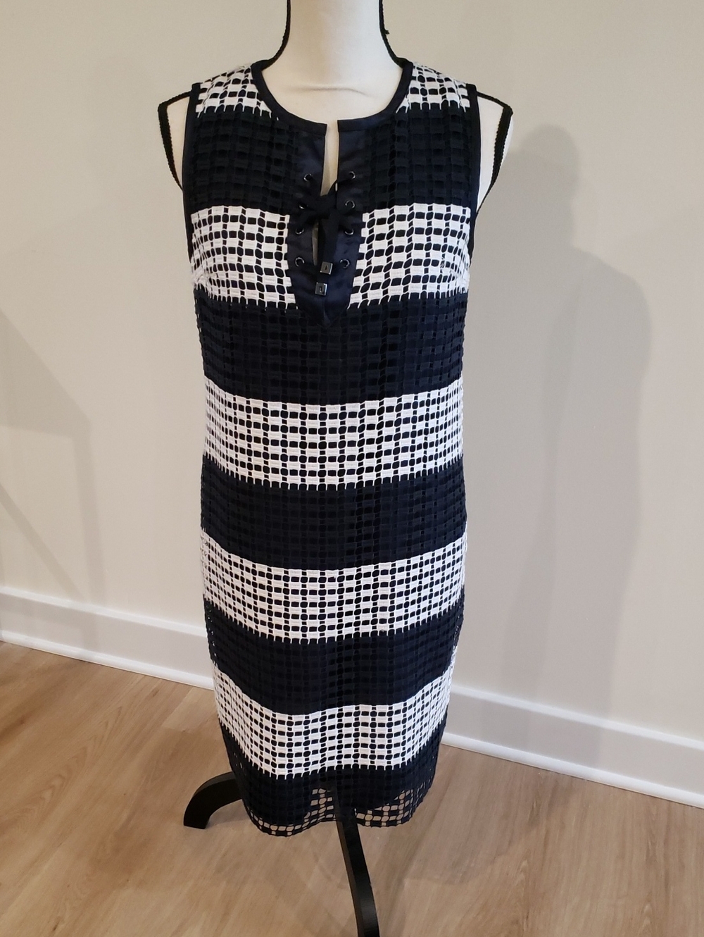 W by Worth Black & White Crochet Dress Laced Up Front